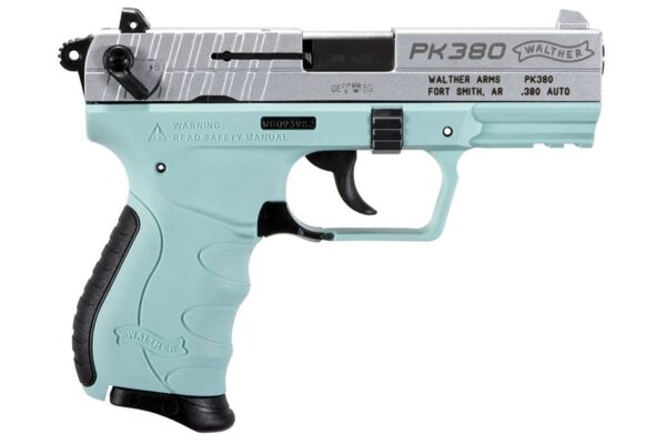 Walther PK380 380 ACP Centerfire Pistol with Angel Blue Frame and Nickel Slide